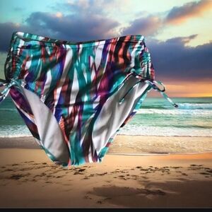 Reel Legends high waist bikini bottom size 10 NWT multicolor stripes dra…